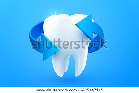 3d realistic vector healthy glowing tooth. Arrows around white tooth. Dental care, protection and whitening. Vector illustration