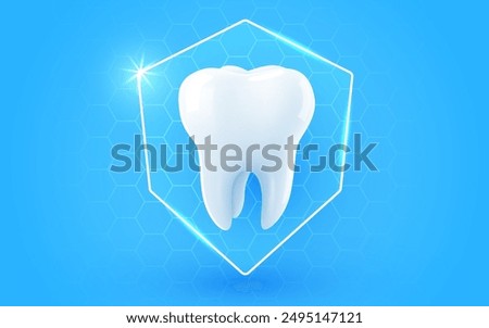 3d realistic vector healthy glowing tooth. Shield around white tooth. Dental care, protection and whitening. Vector illustration