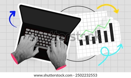 Retro collage. Human hands and laptop. Concept of accounting and financial analytics. Vector illustration