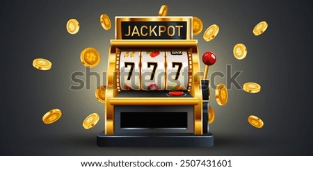 Golden slot machine wins the jackpot. 777 Big win concept. Casino jackpot. Vector illustration