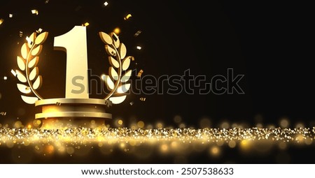 Winner award. Number one. Golden laurel wreath on podium with falling confetti. Vector illustration.