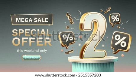 Save offer, 2 off sale banner. Sign board promotion. Vector illustration