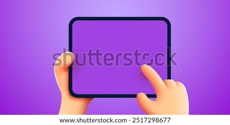 3d Hand holding ipad or tablet pc. Ipad mockup. Editable template. Touching screen with finger. Vector illustration 