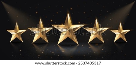 five star award, gold stars on black background. Vector illustration