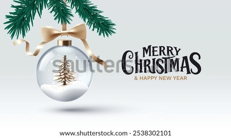 Merry Christmas, glass New Years ball with Christmas tree and snow. Vector illustration