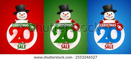 20 percent Off. Discount creative composition with snowman in hat. Merry Christmas and Happy New Year. Sale banner set. Vector illustration.