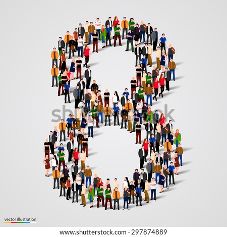 Large group of people in number 8 eight form. People font. Vector illustration