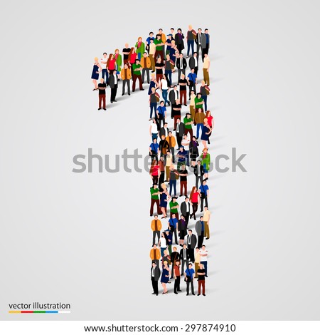 Large group of people in number 1 one form. People font. Vector illustration