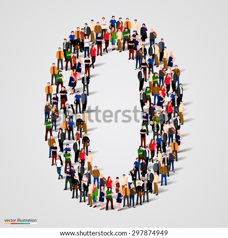 Large group of people in number 0 zero form. People font. Vector illustration