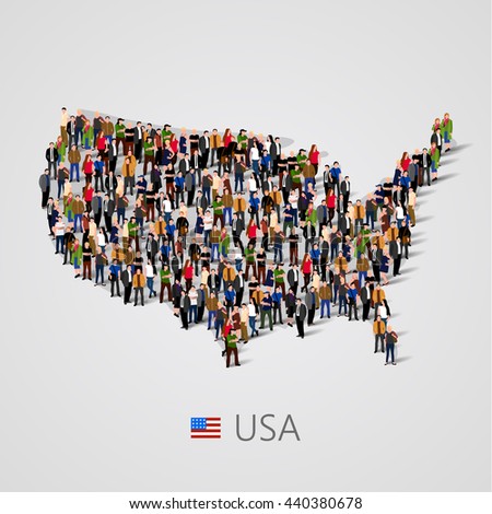 Large group of people in United States of America or USA map with infographics elements. Usa map with chart, statistic and visualization templates. Background for presentation. Vector illustration