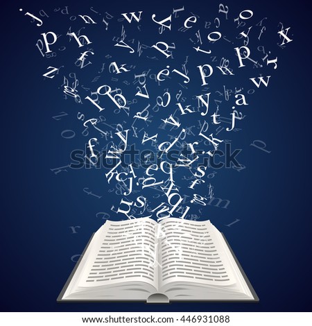 Book with flying letters. The design element of the educational concept. Vector illustration