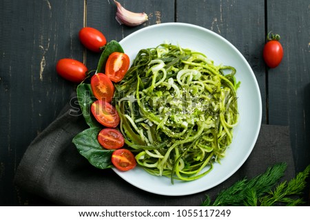 Image, Stock Photo Zucchini raw vegan pasta with assorted vegetables. Vegan food