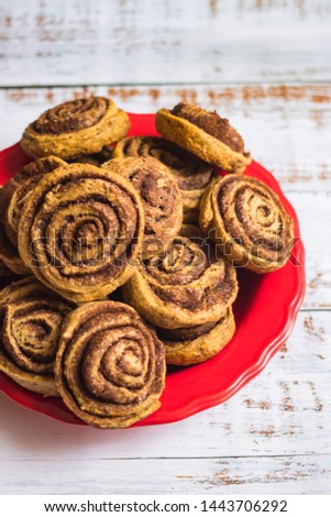 Similar – Image, Stock Photo Vegan cinnamon rolls raw dough, top view