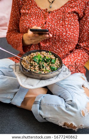 Similar – Image, Stock Photo Female hand make buckwheat balls on kitchen table background with herbs and spices, top view. Healthy homemade food