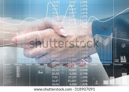 handshake and business statistics, double exposure