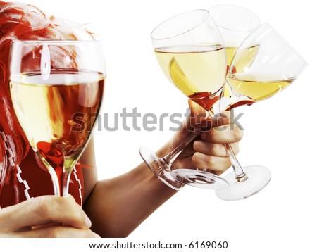 Woman's hands with wine glasses isolated on white.