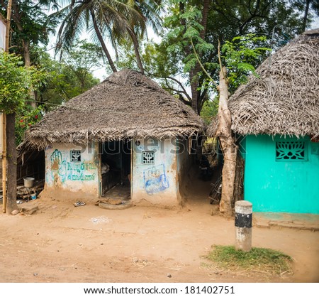 THANJAVOUR, INDIA - FEBRUARY 13: landscape of the village houses with thatched roof, India, Tamil Nadu, near Thanjavour. India, Tamil Nadu, near Thanjavour. February 13, 2013