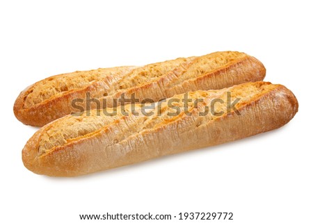 two fresh crunchy french baguette breads isolated on white