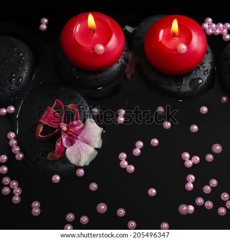 spa concept of red candles on zen stones with drops, orchid flower and pearl beads in reflection water, closeup
