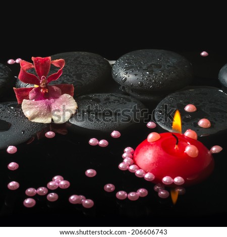 spa setting of orchid cambria flower and pearl beads, zen stones with drops and red candles on reflection water, closeup