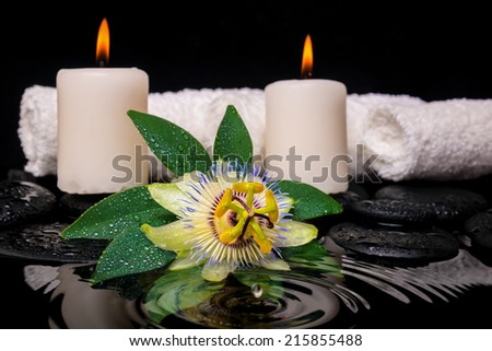 spa concept of passiflora flower, green leaf with drop, towels and candles