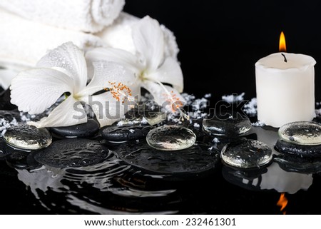 Beautiful spa concept of delicate white hibiscus, zen stones with drops, snow, ice, candles and towels on ripple water