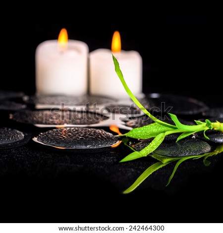 beautiful spa still life of green twig bamboo and candles on zen basalt stones with dew in reflection water, closeup