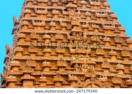 great architecture of Hindu Temple element entrance gate,  bas-relief Temple Brihadishwara, India, Tamil Nadu, Thanjavour,  (Trichy)