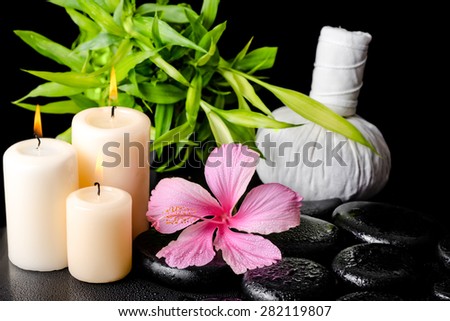 spa still life of pink hibiscus flower, twig bamboo, thai herbal compress balls and candles on zen basalt stones with drops, closeup