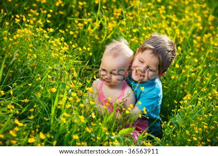 Brother and little sister playing in green grass at sunny summer day.