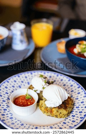 Similar – Image, Stock Photo Two poached eggs on brown bread