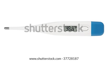 Digital fahrenheit thermometer showing normal body temperature (98.6 F) isolated on white