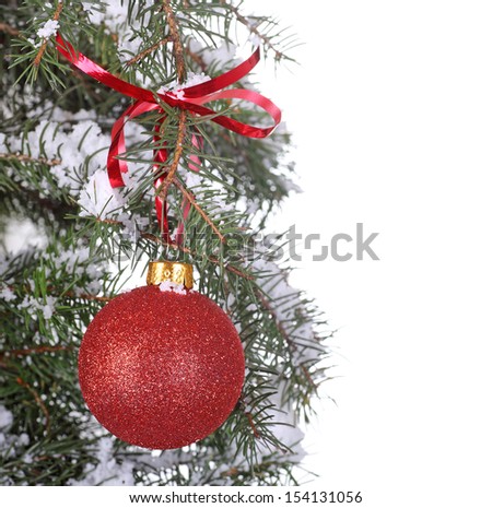 Red Christmas ball hanging from snowy evergreen branch with white background