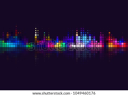 Vector colorful halftone dots background. Flat, decorative design of cityscape view at night.