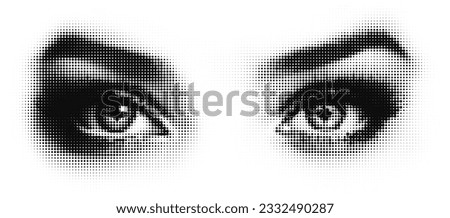 Vector halftone female eyes. Frontal view closeup of eyes made by dotted pattern.