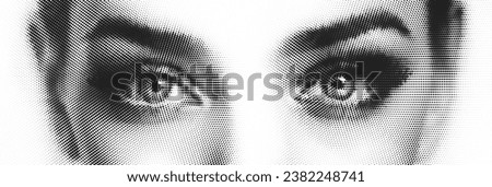 Vector  halftone human eye close- up. Attractive girl looking strait. Eye- contact illustration .