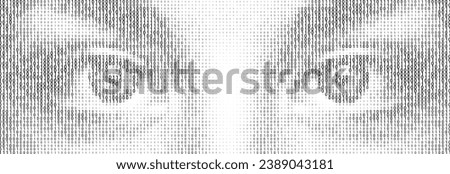 Halftone letter binary code pattern forming a pair of eyes. Black letters on white.  Coding language symbols forming a human form. Artificial intelligence technology futuristic background.