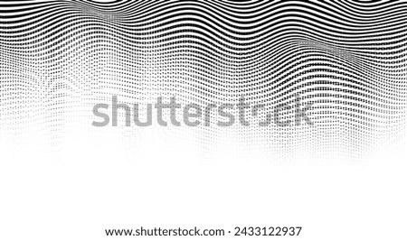 Abstract vector flowing wave design. Trendy halftone effect with tonal gradation made by horizontal stripes and dotted halftone pattern. Graphic  black and white backdrop