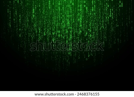 Vector green digital code rain in a Matrix inspired futuristic style. High-tech backdrop with glowing binary characters