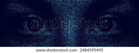 Halftone letter binary code pattern forming a pair of eyes. Coding language symbols forming a human form. Artificial intelligence technology futuristic background.