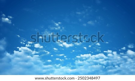 White halftone clouds effect vector over blue sky. Fluffy dotted style  cloudy blue sky.