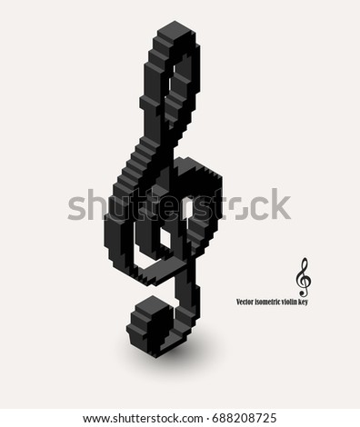 Vector 3d isometric pixel art. Violin clef icon made of cubes.