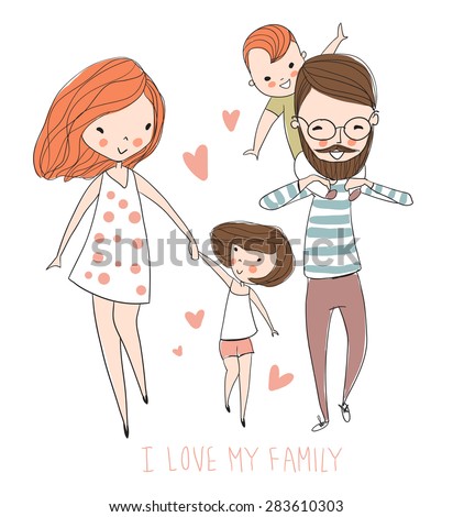 I love my family. Cute vector illustration with mother, father, son, daughter. Happy parents and children