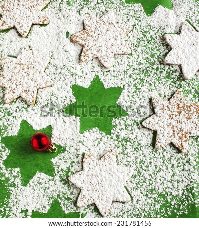 Sweet bakery. Abstract Christmas food background with cookies and powdered sugar