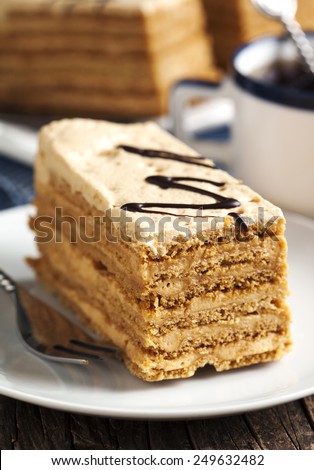 Piece of honey cake with cream of condensed milk