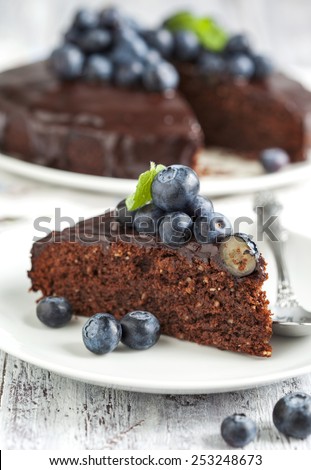 Chocolate almond cake with blueberry.