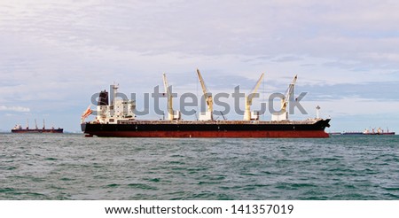 Vessel bulk cargo with crane in the ocean