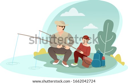 Two people who are fishing with various fishing equipment. Graphic for mobile apps and websites