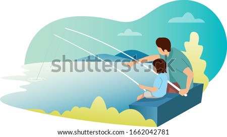 A father and his son are fishing lake fish. Perfect graphic for landing page
