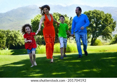 Happy family is running at park all together
